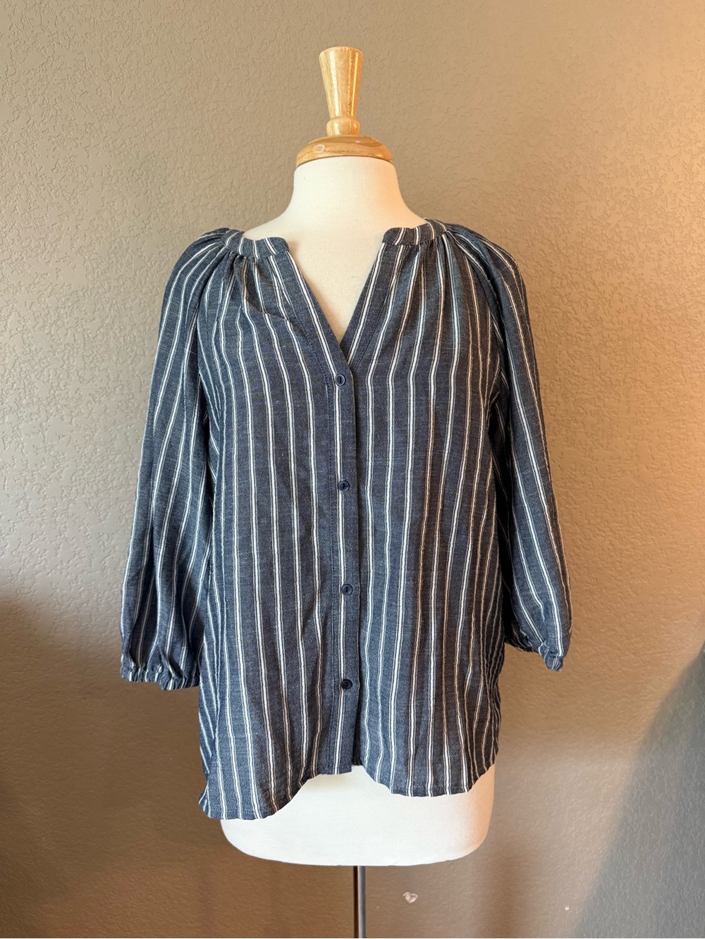 Halogen Striped Button Front Blouse Size 1 Navy White 3/4 Sleeve Coastal